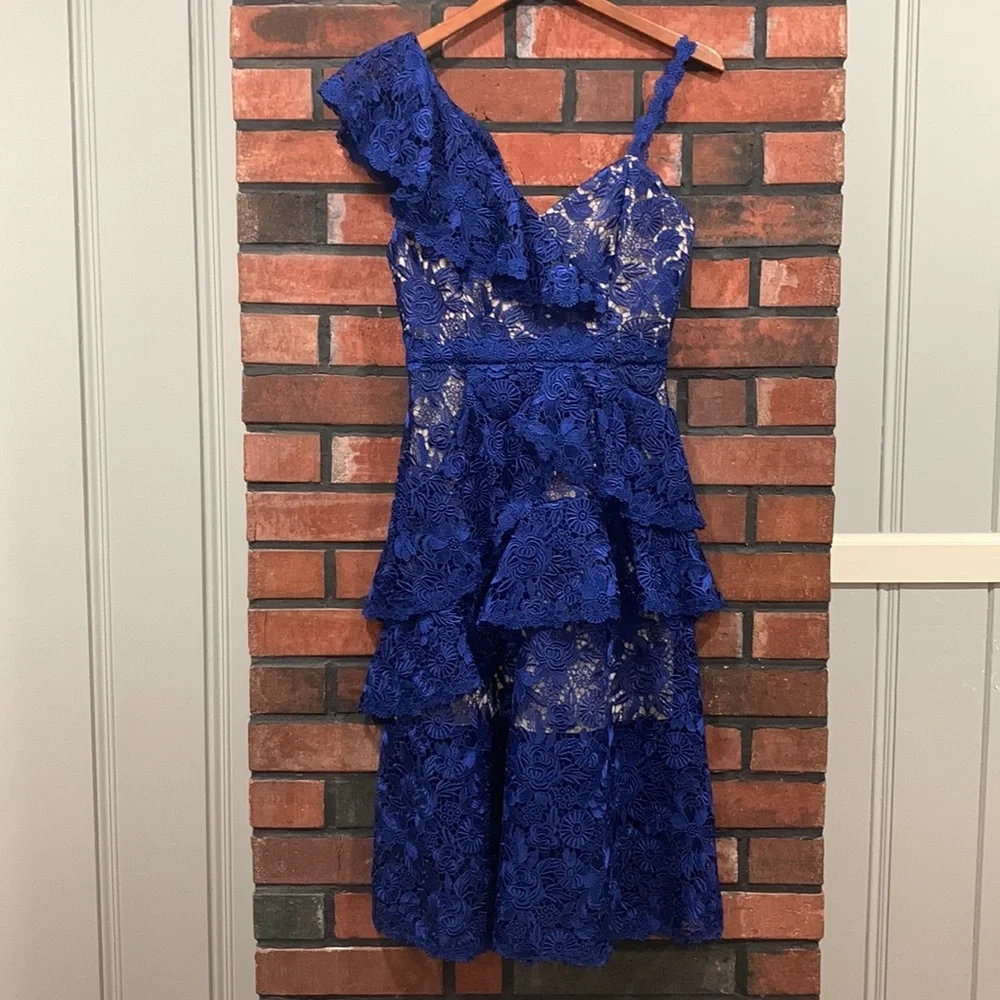 Alice + olivia Florrie Ruffle One-Shoulder Lace Dress - Picture 4 of 14